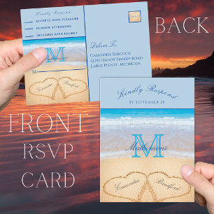 Carte Postale Cœurs bleu poussiéreux dans le sable Mariage sur l