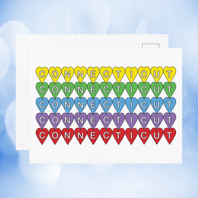 Carte Postale Coeurs colorés Connecticut (A cute postcard with a colorful heart pattern and the word Connecticut)