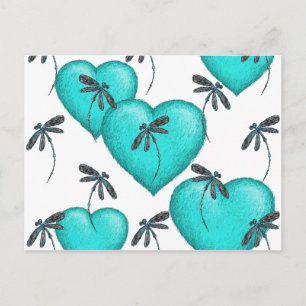 Carte Postale Cœurs d'amour et libellules Turquoise