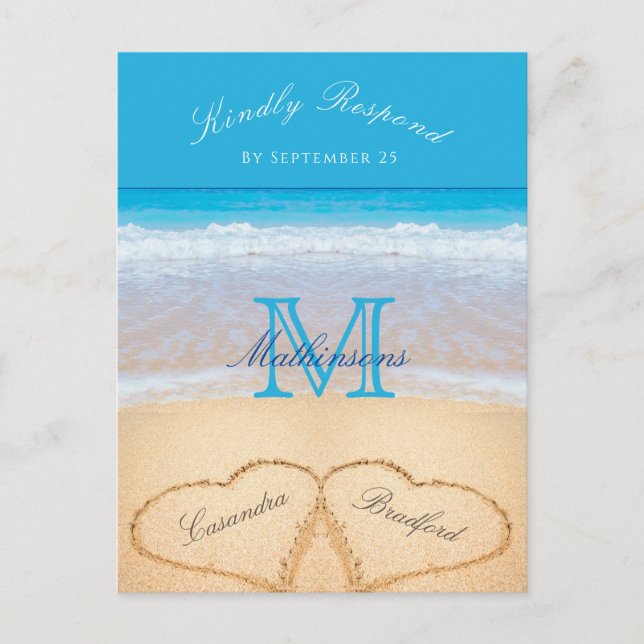 Carte Postale Coeurs dans le sable Plage Mariage Bleu RSVP (Devant)