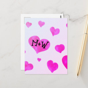 Carte Postale Coeurs d'aquarelle rose Personnalisé Nom de couple