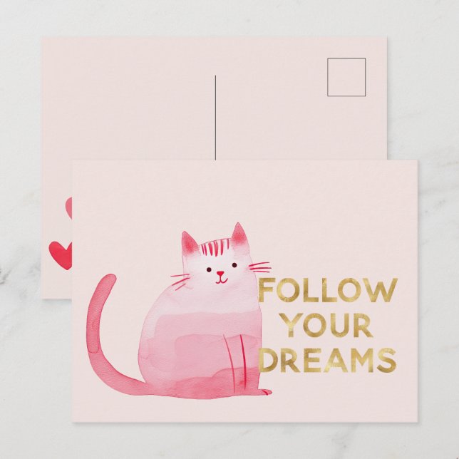 Carte Postale Coeurs de chats roses mignons Gold Suivez les rêve (Devant / Derrière)