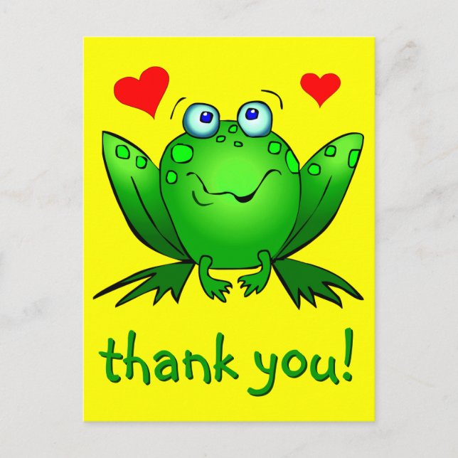 Carte Postale Coeurs de grenouille verte mignonne Merci Jaune (Devant)