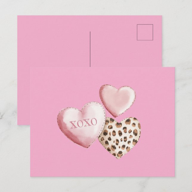 Carte Postale Coeurs Empreintes de léopard XOXO Rose (Devant / Derrière)