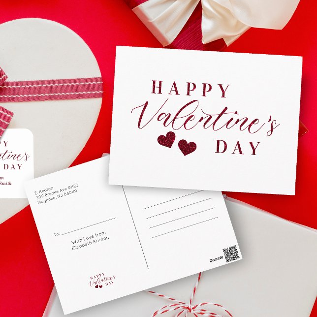 Carte Postale Coeurs Heureuses Saintes-Valentin Parties scintill (Red Glitter Effect Happy Valentine's Day Hearts Postcard.)