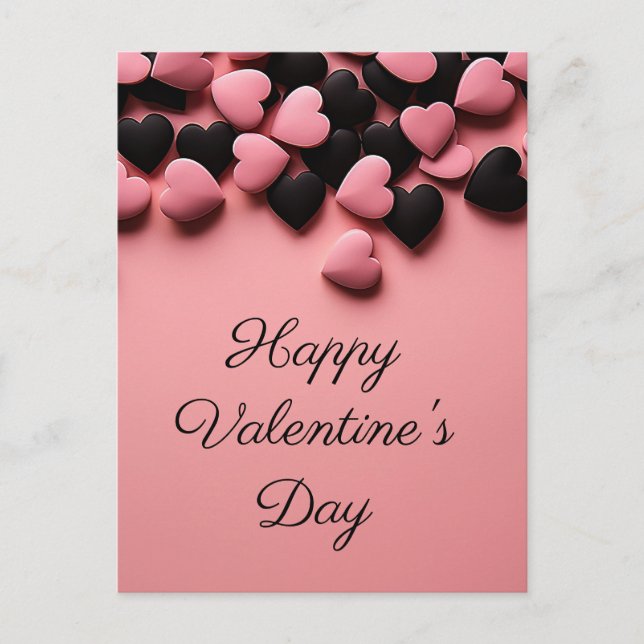 Carte Postale Coeurs noirs et roses sur terrain rose Saint Valen (Devant)