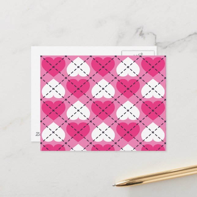 Carte Postale Coeurs rose et blanc - motif Jacquard (Devant/Arrière en situation)