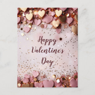 Carte Postale Coeurs roses et dorés sur sol rose Saint Valentin