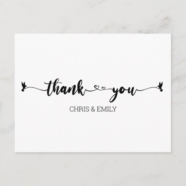 Carte Postale Coeurs simples et Merci de calligraphie des oiseau (Devant)