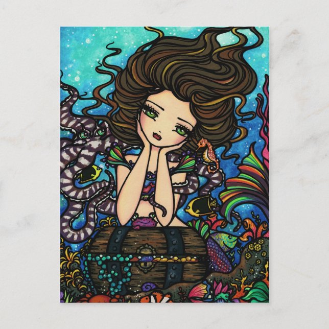 Carte Postale Coffre au trésor, sirène féérique, art fantastique (Devant)