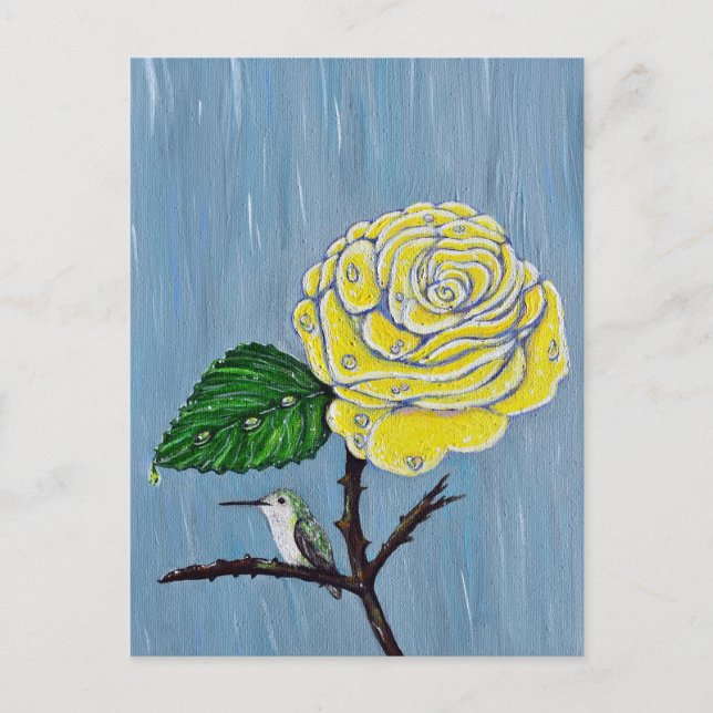 Carte Postale Colibri et Rose dans la peinture de pluie (Devant)