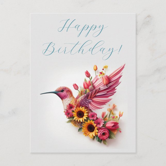 Carte Postale Colibri volant avec fleurs Joyeux Anniversaire (Devant)