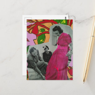 Carte Postale Collage aux médias mixtes de la dame en pyjama ros