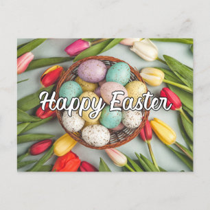 Carte Postale Collage Coloré OEufs de Pâques & Fleurs de Tulipes