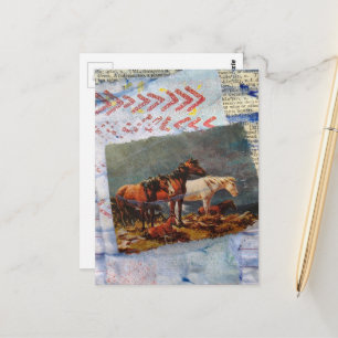 Carte Postale Collage de chevaux rétro en techniques mixtes