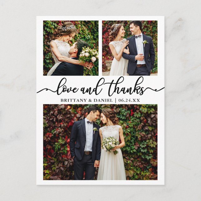 Carte Postale Collage de mariage à la calligraphie 3 Photo Merci (Devant)