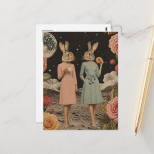 Carte Postale Collage de petit déjeuner de dames lapins surréali
