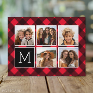 Carte Postale Collage de photos - Monogramme Plaid Rouge Noir Bu