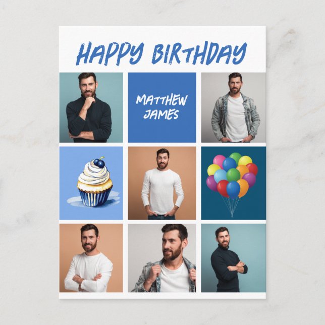 Carte Postale Collage de photos personnalisé bleu pour anniversa (Devant)