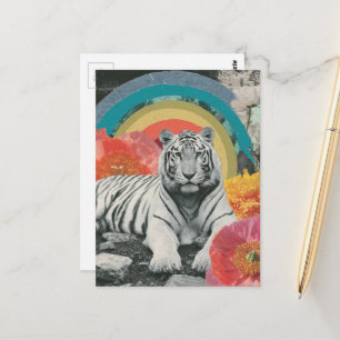 Carte Postale Collage de Tigre Blanc avec Arc-en-ciel et Fleurs