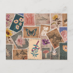 Carte Postale Collage de timbres postaux de fleurs et de nature 