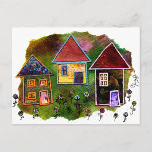 Carte Postale Collage de trois maisons avec fleurs