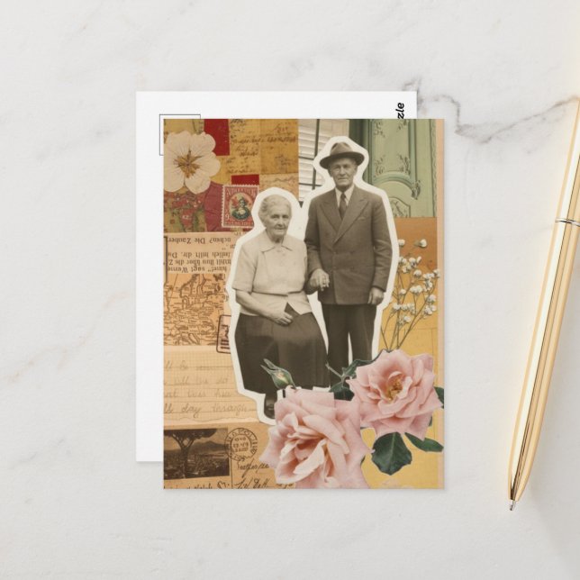Carte Postale Collage en techniques mixtes de grands-parents (Devant/Arrière en situation)