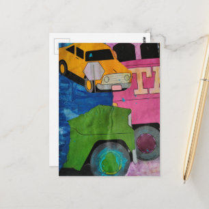 Carte Postale Collage en techniques mixtes de voitures et de cam