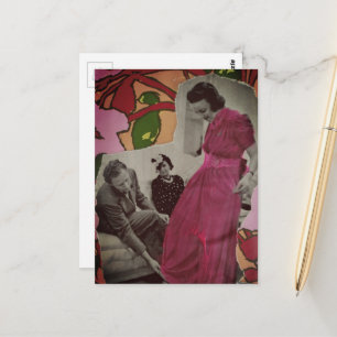 Carte Postale Collage en techniques mixtes Lady en pyjama rose 1