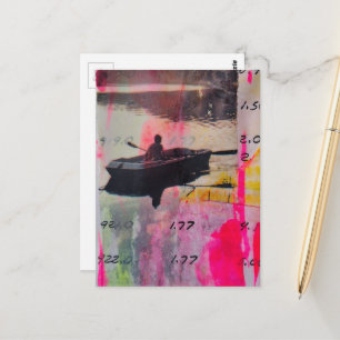 Carte Postale Collage en techniques mixtes rose et jaune Un vieu