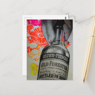 Carte Postale Collage floral bouteille de whisky rose orange
