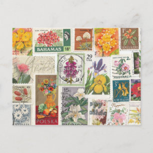 Carte Postale Collage floral - Timbres du monde