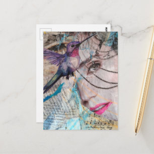 Carte Postale Collage mixte abstrait d'un visage et d'un colibri