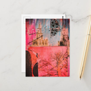Carte Postale Collage mixte d'arbre d'hiver et de bâtiments