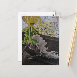 Carte Postale Collage mixte d'OVNI feuillu vient pour elle