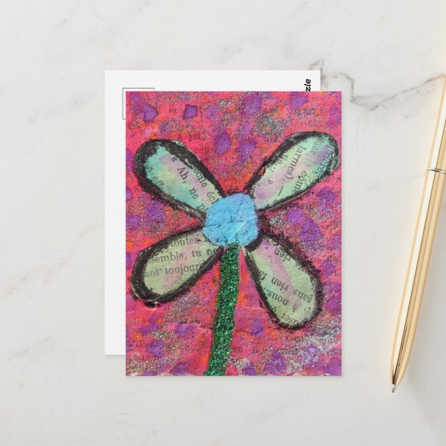 Carte Postale Collage multimédia mixte de fleurs (Devant/Arrière en situation)