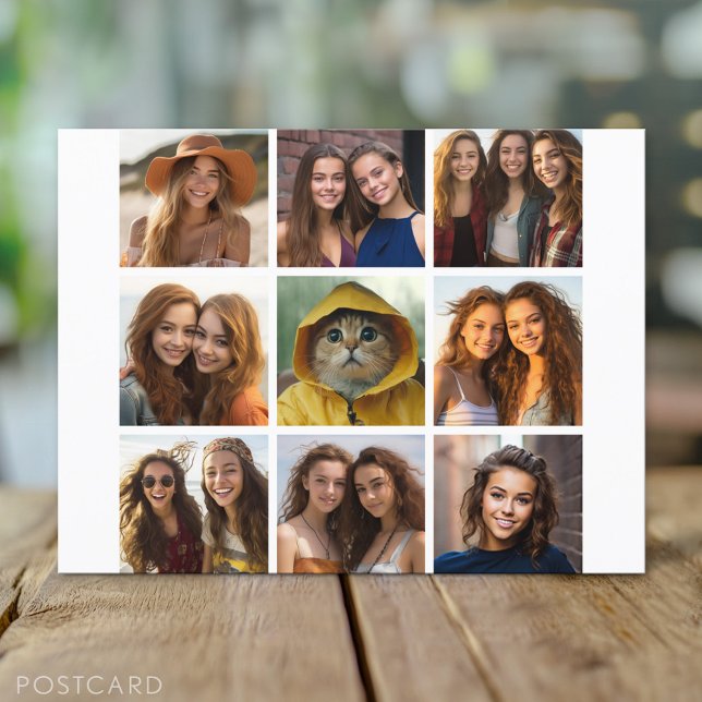 Carte Postale Collage photo de 9 Carrés - noir et blanc (Custom Personalized Photo Collage Postcard)