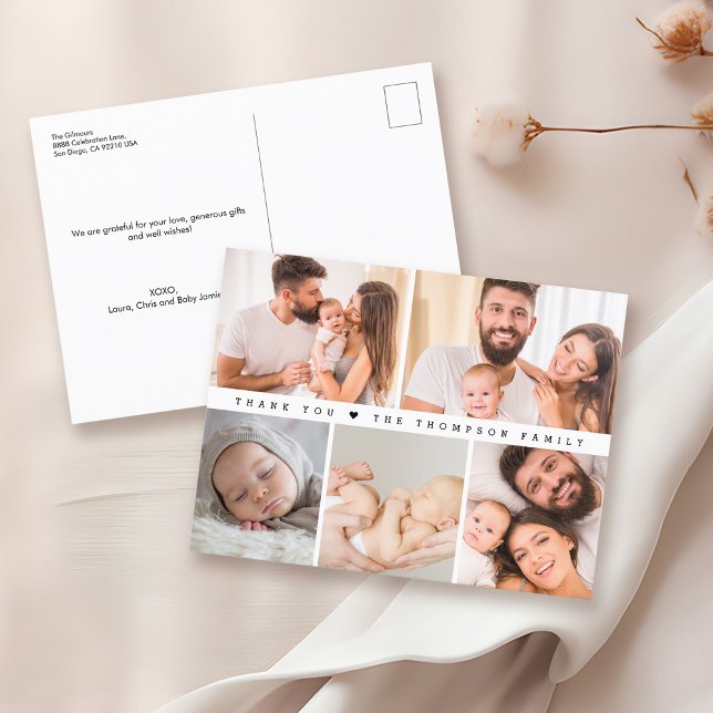 Carte Postale Collage photo personnalisé Baby shower simple merc (Modern 5 photo family collage baby shower thank you cards.)