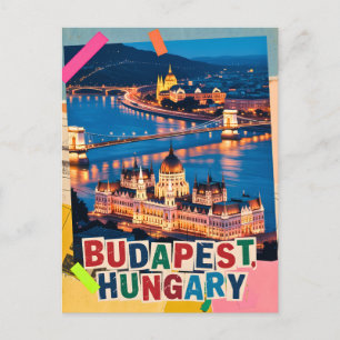 Carte Postale Collage Pop Art Paysage Urbain de Nuit Budapest Ho