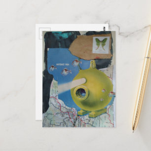 Carte Postale Collage Rétro sous-marin Poisson et Papillon