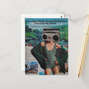 Carte Postale Collage surréaliste de femme à Hawaii avec boombox
