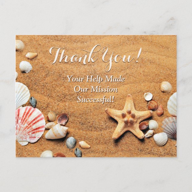 Carte Postale Collecte de fonds Merci, sable et coquilles de mer (Devant)