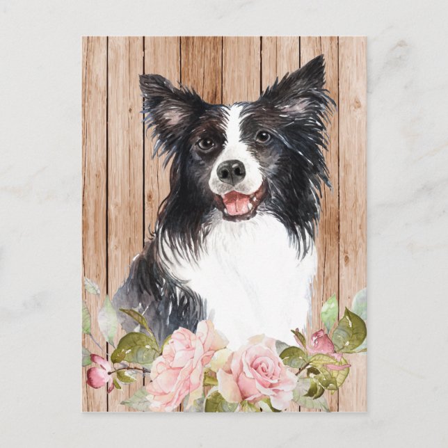 Carte Postale Collie de frontière à l'aquarelle & Fleurs (Devant)