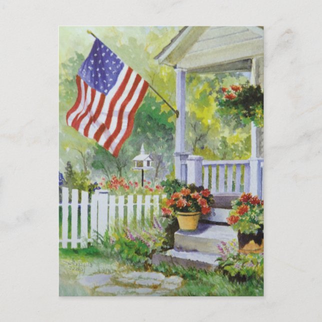 Carte Postale Colonial Country Accueil Drapeau américain Porche  (Devant)