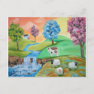 CARTE POSTALE COLORÉ VACHES À MOUCHER PEINTURE FOLK