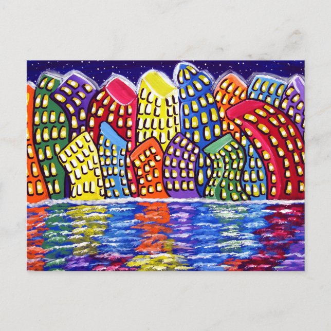 Carte postale colorée Cityscape Fun Folk Art (Devant)