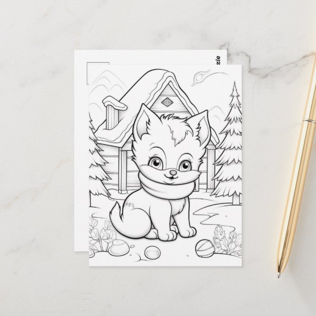 Carte Postale Coloriage enfants chat festif  (Devant/Arrière en situation)