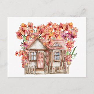 Carte Postale Composition aquarelle d'une vieille maison de ferm