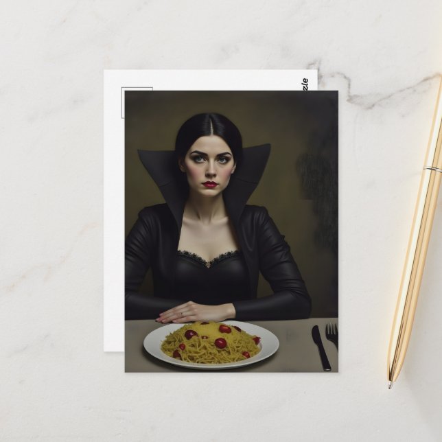 Carte Postale Comtesse vampire avec des spaghetti (Devant/Arrière en situation)