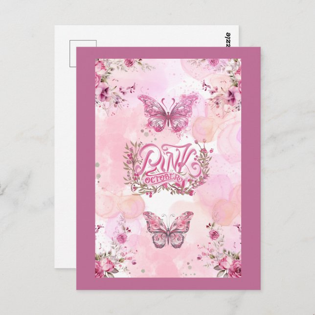 Carte Postale Conception de ruban de fleur de conscience rose d' (Devant / Derrière)